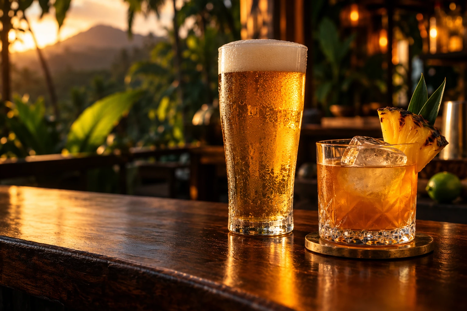 Concept image of golden beer and a tropical drink