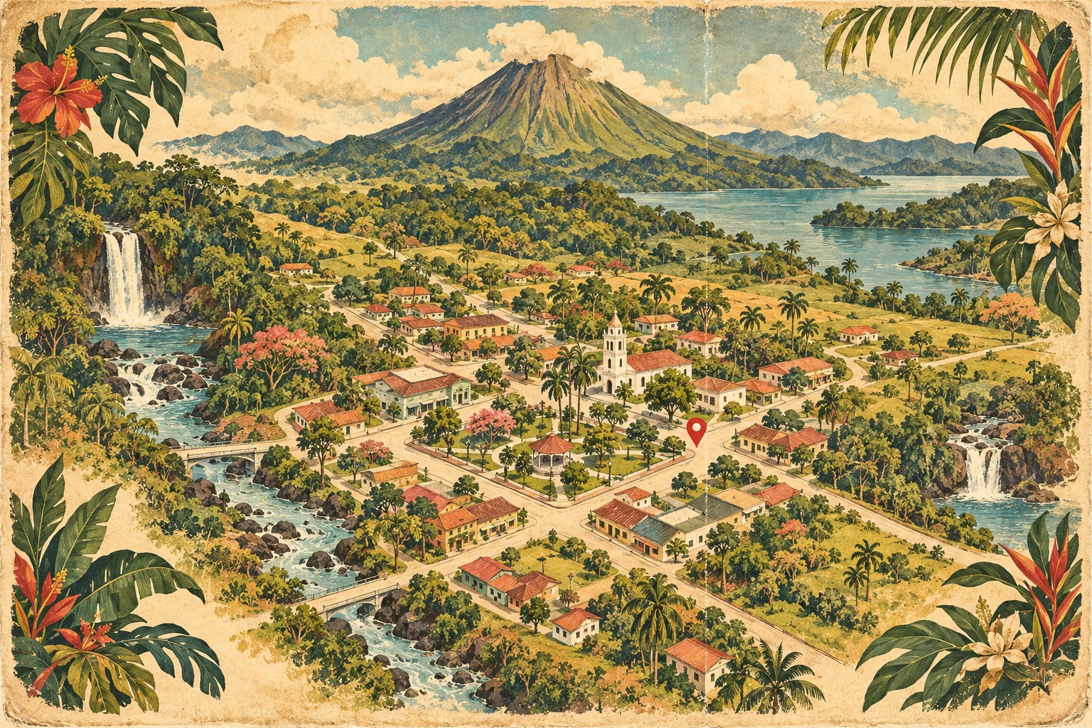 Illustrated postcard inspired by La Fortuna and Arenal